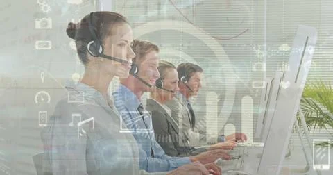 Image of statistics and data processing over business people using phone Stock Photos