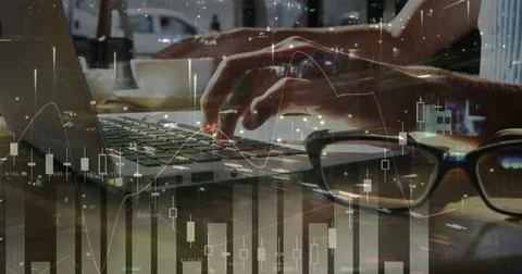 Image of statistics and data processing over woman using laptop Stock Photos