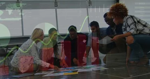 Image of statistics and data processing over business people using computer in Stock Photos