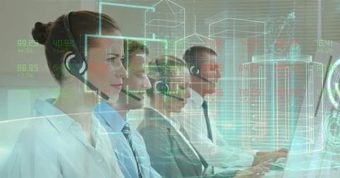 Image of statistics and data processing over business people using phone Stock Photos