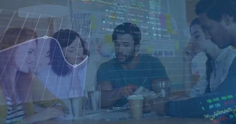 Image of statistics and data processing over diverse business people Stock Photos