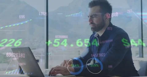 Image of statistics and data processing over caucasian businessman using Stock Photos