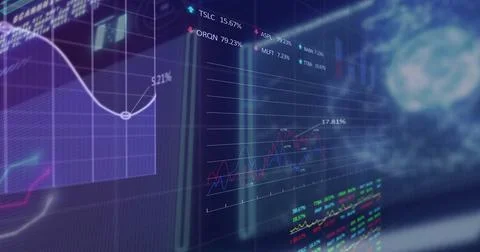 Image of statistics and data processing over dark background Stock Photos