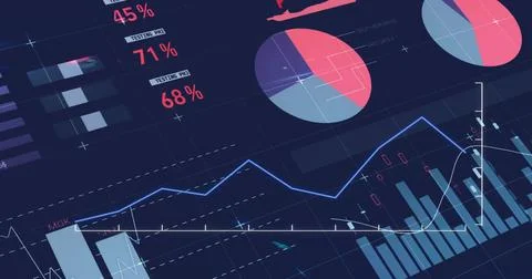 Image of statistics and digital data processing over dark background Stock Illustration