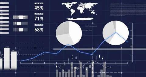 Image of statistics and digital data processing over dark background イラスト素材