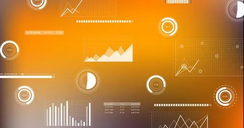 Image of statistics and digital data processing over orange background Illustrazione stock