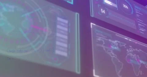 Image of statistics and digital data processing on screens over purple 스톡 일러스트