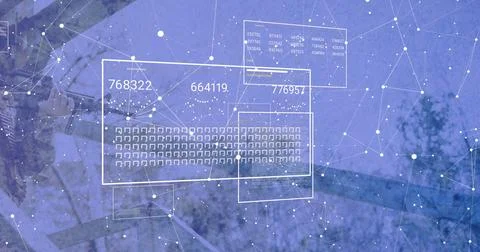 Image of statistics and digital data processing over purple background 库存插图
