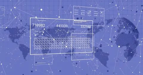 Image of statistics and digital data processing with world map over purple 스톡 일러스트