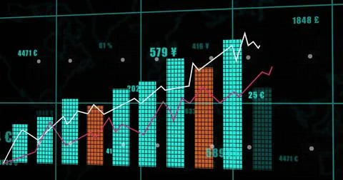 Image of statistics and digital data processing over dark background Foto stock