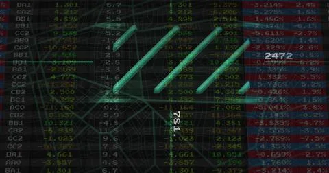 Image of statistics and digital data processing over dark background Foto stock