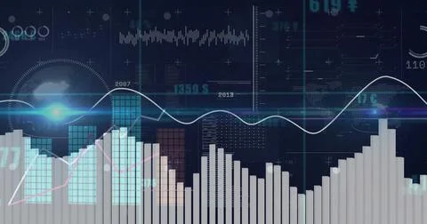 Image of statistics and digital data processing over dark background Foto stock