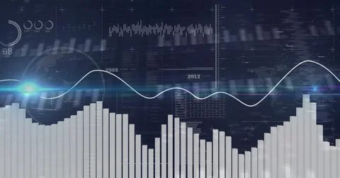 Image of statistics and digital data processing over dark background Foto stock