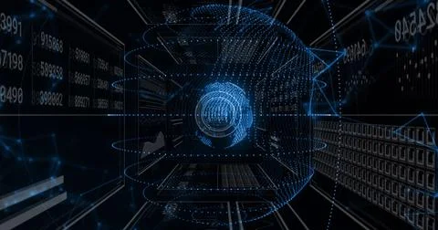 Image of statistics and digital data processing over dark background 写真素材