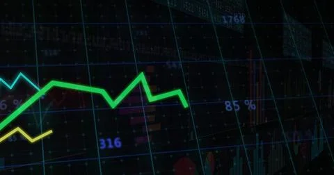 Image of statistics and digital data processing over grid on black background Foto stock