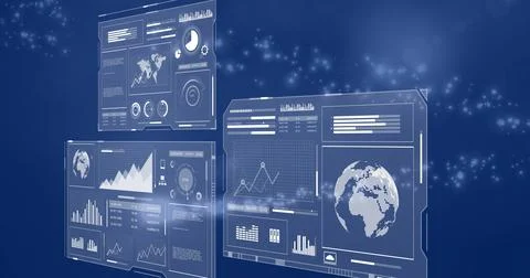 Image of statistics and digital data processing over screens on blue background Foto stock