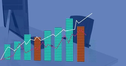 Image of statistics and digital data processing over desk on blue background 스톡 사진