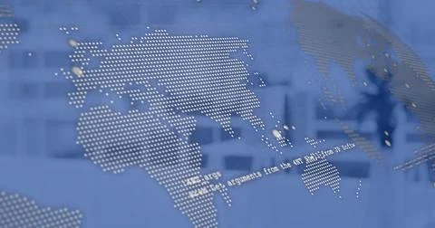 Image of statistics and digital data processing over office on blue background Stock Photos