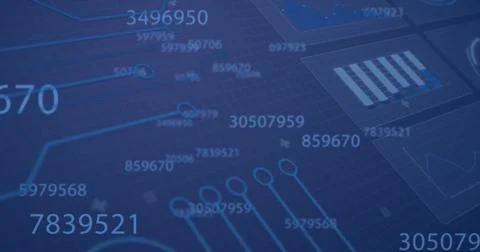 Image of statistics and digital data processing over blue background Foto stock