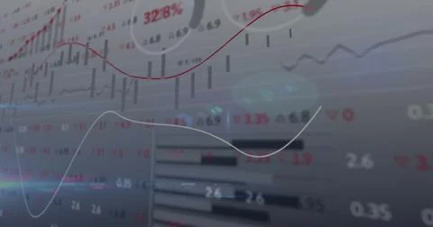 Image of statistics and financial data processing on white background Illustrazione stock