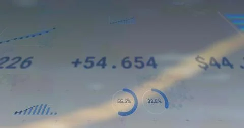 Image of statistics and financial data processing on white background Illustrazione stock