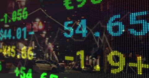 Image of statistics and financial data processing on black background Stock Illustration