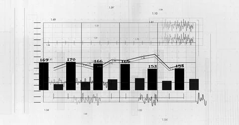 Image of statistics and financial data processing over grid on white background Illustrazione stock