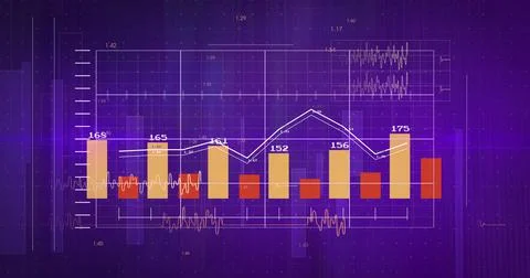 Image of statistics and financial data processing over grid on purple background Stockillustratie