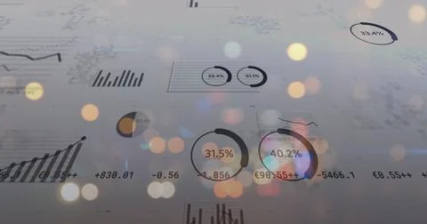 Image of statistics and financial data processing over out of focus city road Ilustração Stock