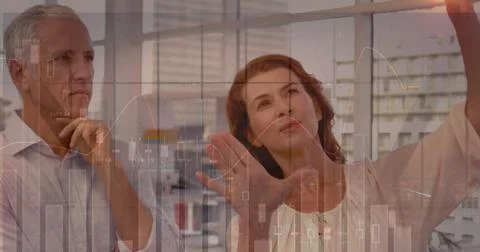 Image of statistics and financial data processing over business people in Stock Illustration