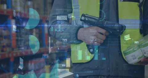 Image of statistics and financial data processing over man working in warehouse Illustrazione stock