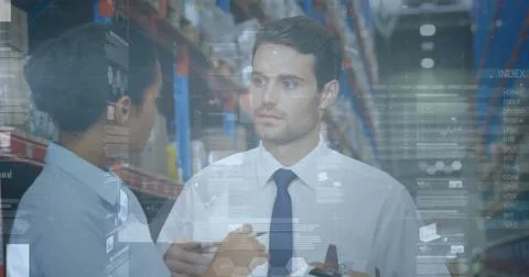 Image of statistics and financial data processing over man and woman working in Illustrazione stock