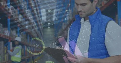 Image of statistics and financial data processing over man working in warehouse 스톡 일러스트