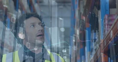 Image of statistics and financial data processing over man working in warehouse Illustrazione stock