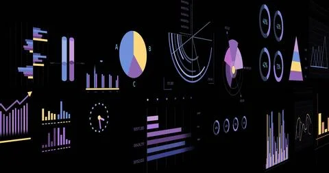 Image of statistics and financial data processing over black background Stock Illustration