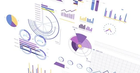Image of statistics and financial data processing over white background Stock Illustration