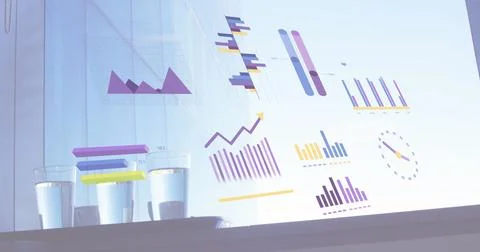 Image of statistics and financial data processing over desk with glasses of Stock Illustration