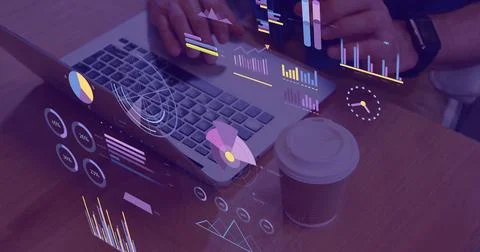 Image of statistics and financial data processing over caucasian man using Illustrazione stock