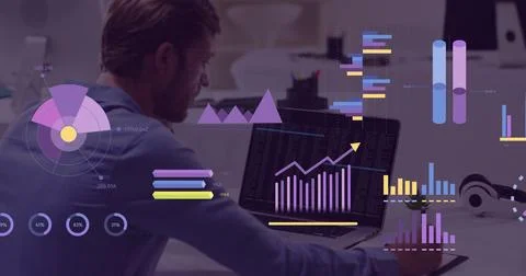 Image of statistics and financial data processing over caucasian man using Illustrazione stock
