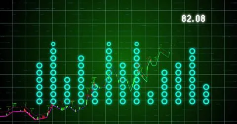 Image of statistics and financial data processing over dark background Illustrazione stock