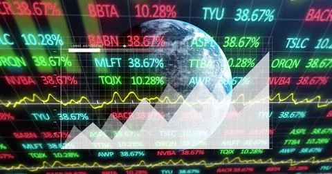 Image of statistics and financial data processing over globe on black background 库存插图