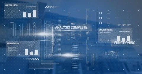 Image of statistics and financial data processing over modern cityscape Stockillustratie