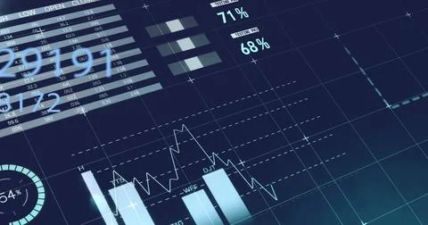Image of statistics and financial data processing on dark background Stock Illustration