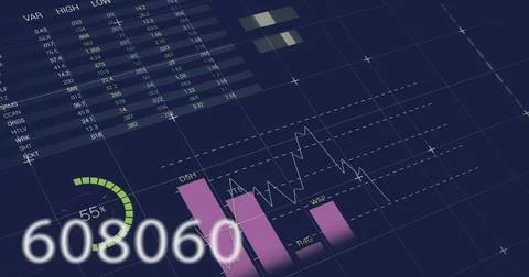 Image of statistics and financial data processing on dark background イラスト素材