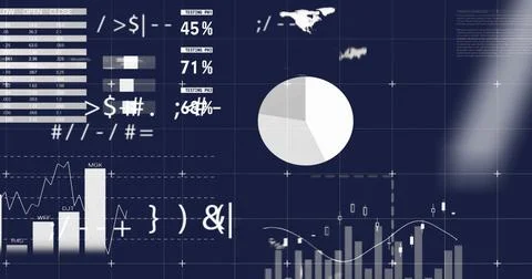 Image of statistics and financial data processing on dark background Stockillustratie
