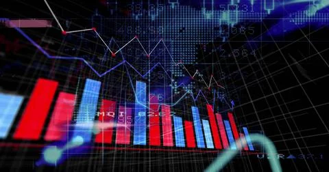 Image of statistics and financial data processing over black background Stockillustratie