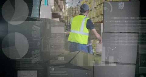 Image of statistics and financial data processing over delivery man Illustrazione stock