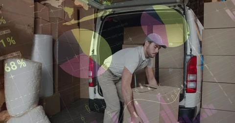 Image of statistics and financial data processing over delivery man Illustrazione stock
