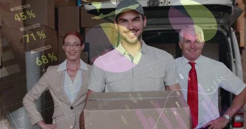 Image of statistics and financial data processing over delivery man with Stock Illustration