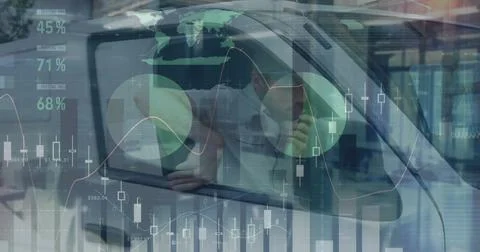 Image of statistics and financial data processing over delivery man Stock Illustration